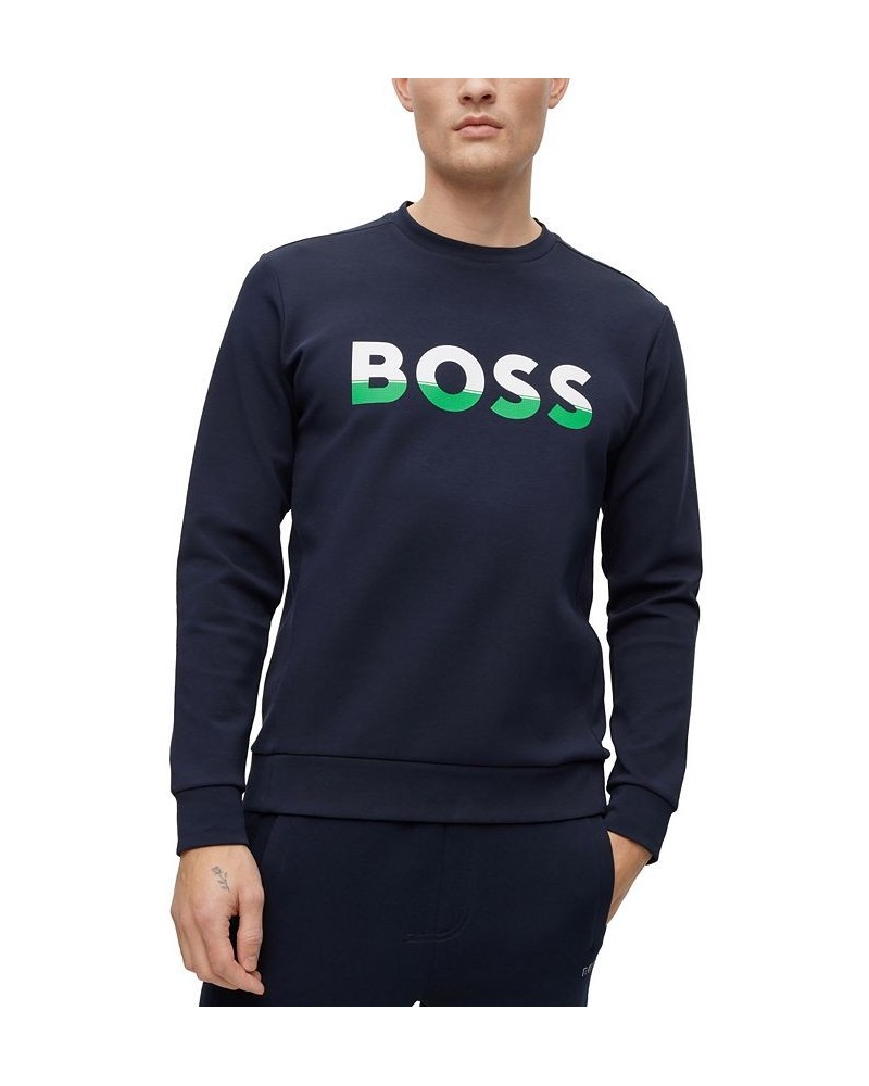 BOSS Men's Cotton-Blend Color-Blocked Logo Sweatshirt Blue $63.84 Sweatshirt