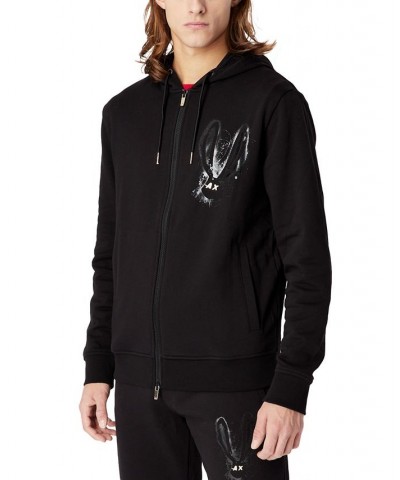 Men's Full Zip Hoodie with Metallic Bunny Logo Black $32.00 Sweatshirt