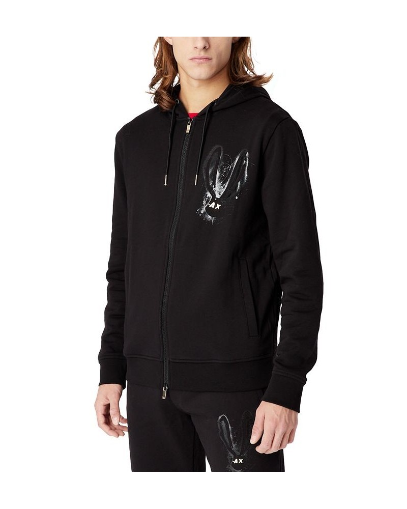 Men's Full Zip Hoodie with Metallic Bunny Logo Black $32.00 Sweatshirt