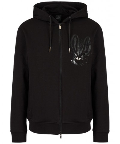 Men's Full Zip Hoodie with Metallic Bunny Logo Black $32.00 Sweatshirt