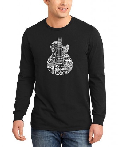 Men's Rock Guitar Head Word Art Long Sleeve T-shirt Black $16.80 T-Shirts