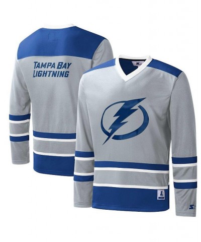 Men's Gray, Blue Tampa Bay Lightning Cross Check Jersey V-Neck Long Sleeve T-shirt $32.20 T-Shirts