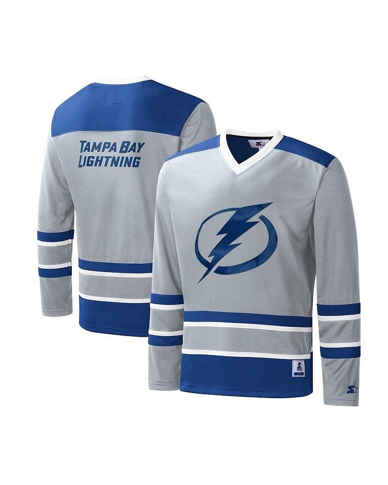 Men's Gray, Blue Tampa Bay Lightning Cross Check Jersey V-Neck Long Sleeve T-shirt $32.20 T-Shirts