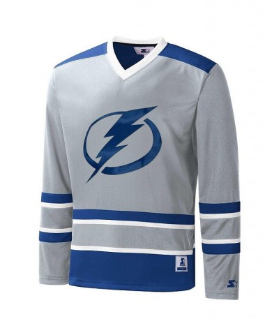 Men's Gray, Blue Tampa Bay Lightning Cross Check Jersey V-Neck Long Sleeve T-shirt $32.20 T-Shirts