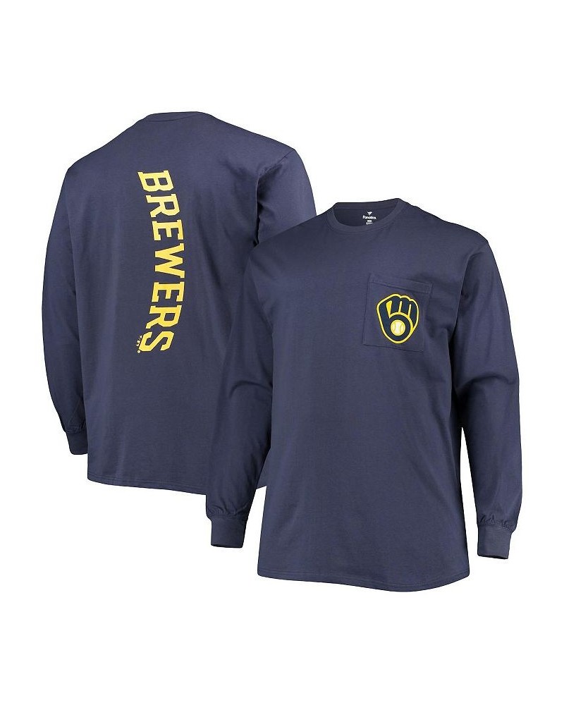 Men's Branded Navy Milwaukee Brewers Big and Tall Solid Back Hit Long Sleeve T-shirt $28.80 T-Shirts