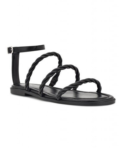 Women's Ipster Round Toe Strappy Flat Sandals Black $41.08 Shoes