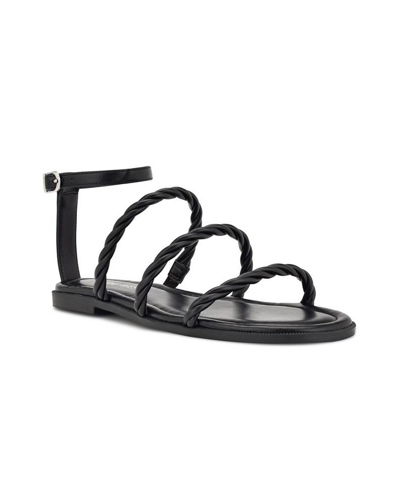 Women's Ipster Round Toe Strappy Flat Sandals Black $41.08 Shoes