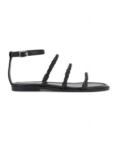 Women's Ipster Round Toe Strappy Flat Sandals Black $41.08 Shoes