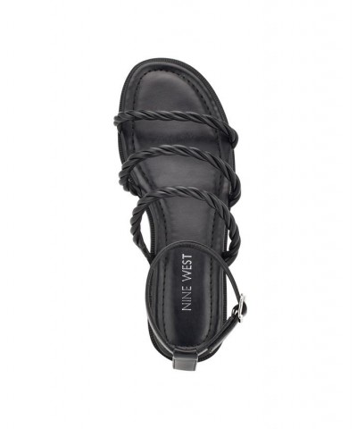 Women's Ipster Round Toe Strappy Flat Sandals Black $41.08 Shoes