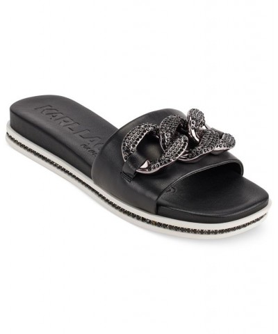 Women's Slip-On Embellished Slide Sandals Black $54.21 Shoes