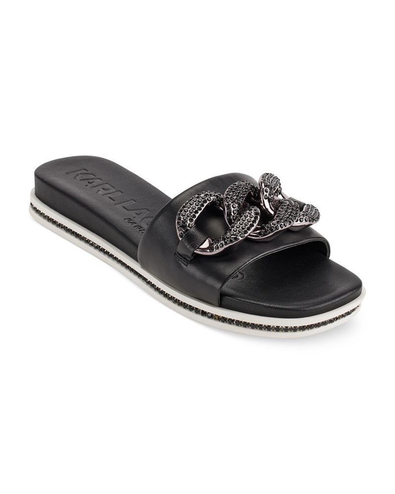 Women's Slip-On Embellished Slide Sandals Black $54.21 Shoes