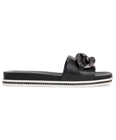 Women's Slip-On Embellished Slide Sandals Black $54.21 Shoes