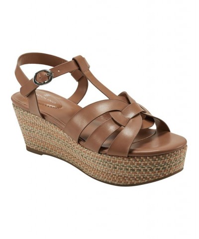 Women's Kayden Open Toe Platform Wedge Sandals Brown $46.28 Shoes