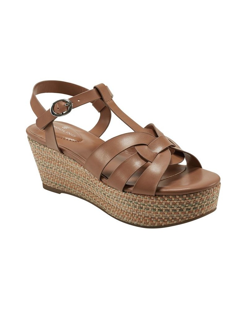 Women's Kayden Open Toe Platform Wedge Sandals Brown $46.28 Shoes