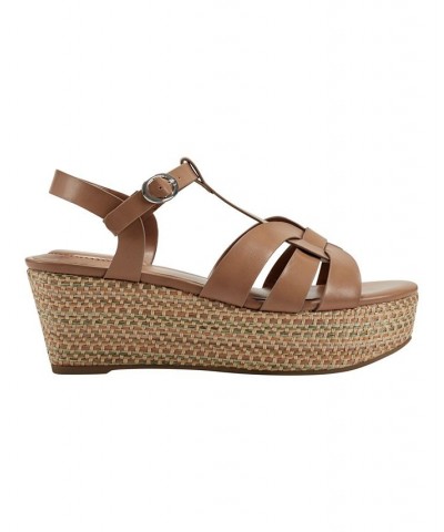 Women's Kayden Open Toe Platform Wedge Sandals Brown $46.28 Shoes