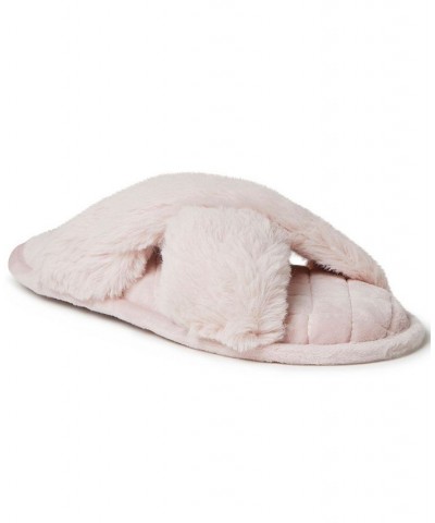 Women's Jessica Furry Cross Band Slide Slippers Pink $18.24 Shoes