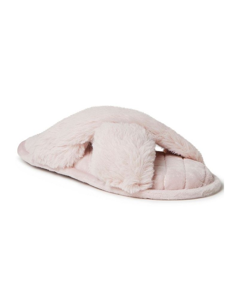 Women's Jessica Furry Cross Band Slide Slippers Pink $18.24 Shoes