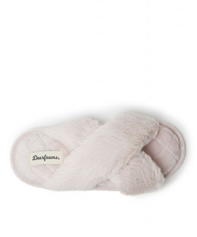 Women's Jessica Furry Cross Band Slide Slippers Pink $18.24 Shoes