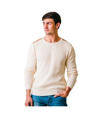 Men's Long Sleeve Crew Neck Sweater with Suede Piecing White $27.47 Sweaters