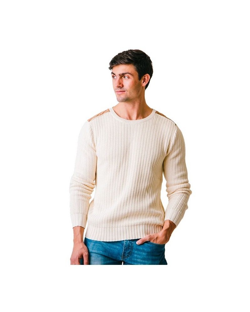 Men's Long Sleeve Crew Neck Sweater with Suede Piecing White $27.47 Sweaters