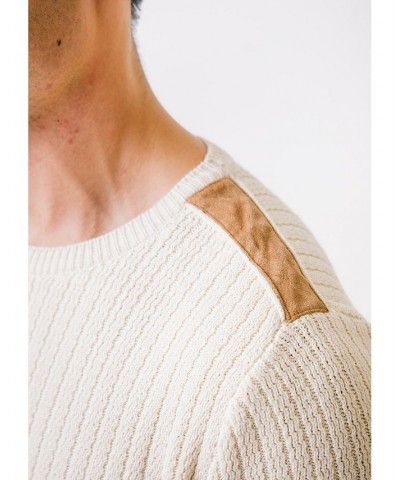 Men's Long Sleeve Crew Neck Sweater with Suede Piecing White $27.47 Sweaters