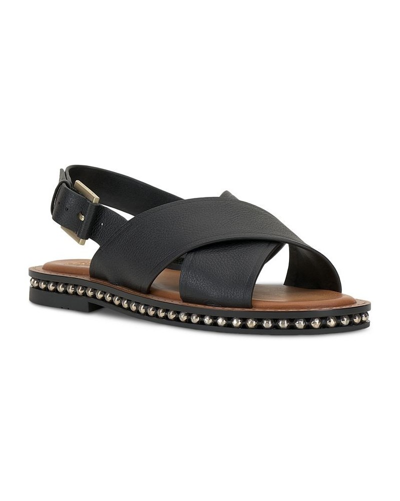 Ceemilo Crisscross Studded Flat Sandals Black $38.70 Shoes