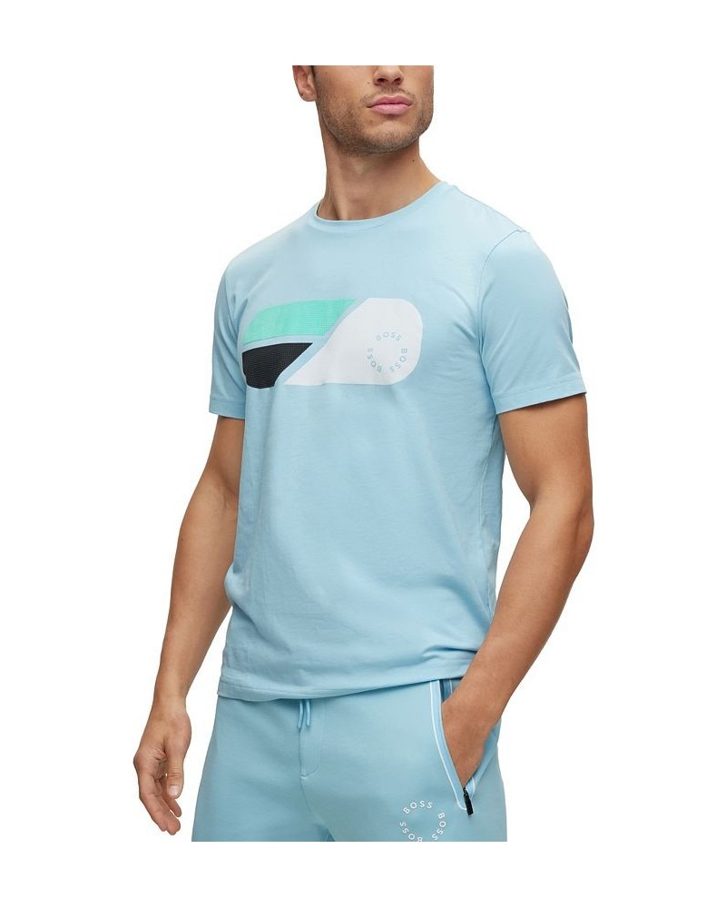 BOSS Men's Stretch-Cotton T-shirt with Artwork and Circular Logo Blue $48.40 T-Shirts