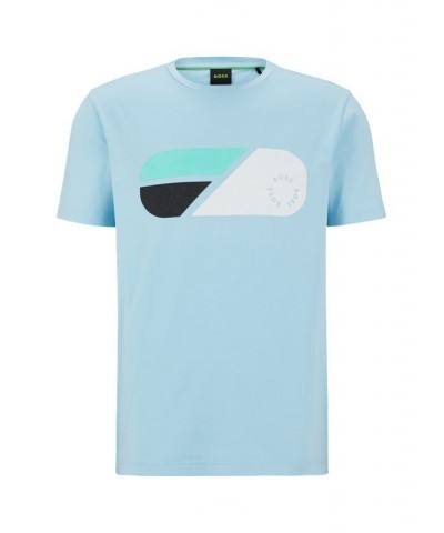 BOSS Men's Stretch-Cotton T-shirt with Artwork and Circular Logo Blue $48.40 T-Shirts