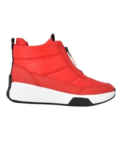 Women's Merina Slip-on Nylon Puffy Sneakers Red $27.27 Shoes