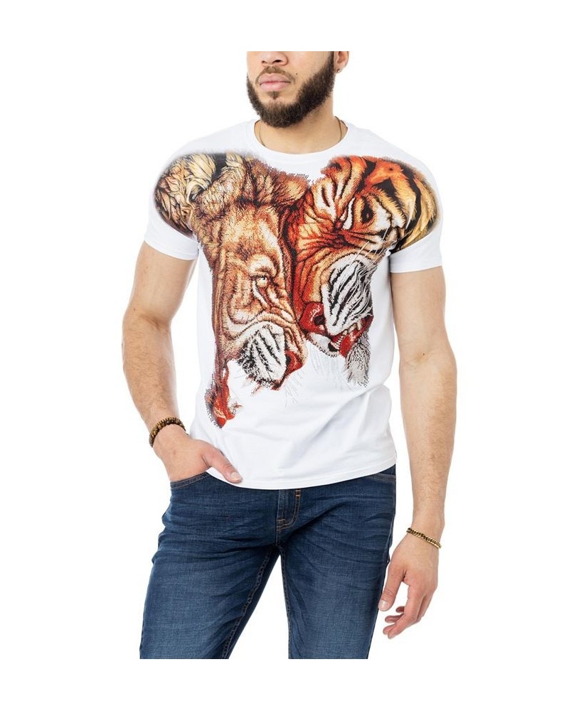 Men's Duel Tiger Rhinestone T-shirt White $18.45 T-Shirts