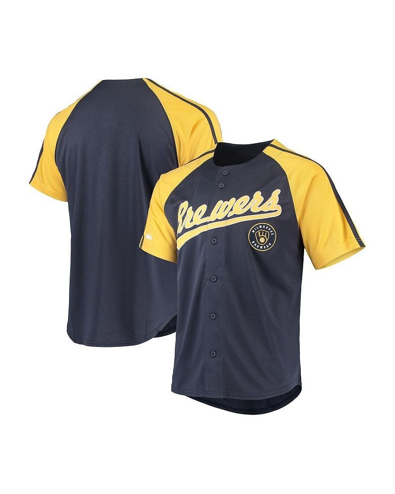 Men's Navy Milwaukee Brewers Button-Down Raglan Replica Jersey $33.79 Jersey