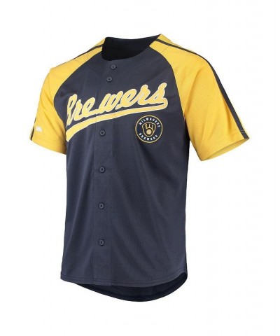 Men's Navy Milwaukee Brewers Button-Down Raglan Replica Jersey $33.79 Jersey