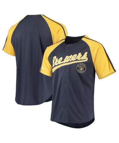 Men's Navy Milwaukee Brewers Button-Down Raglan Replica Jersey $33.79 Jersey