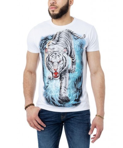 Men's White Tiger on Water Rhinestone T-shirt White $24.30 T-Shirts