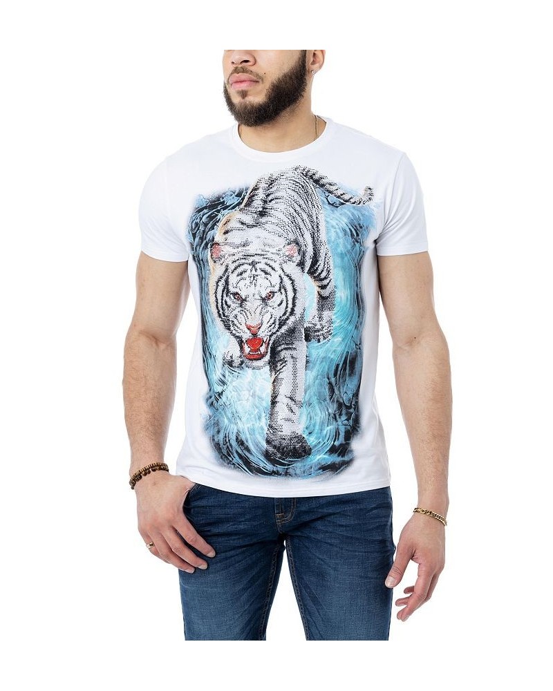 Men's White Tiger on Water Rhinestone T-shirt White $24.30 T-Shirts